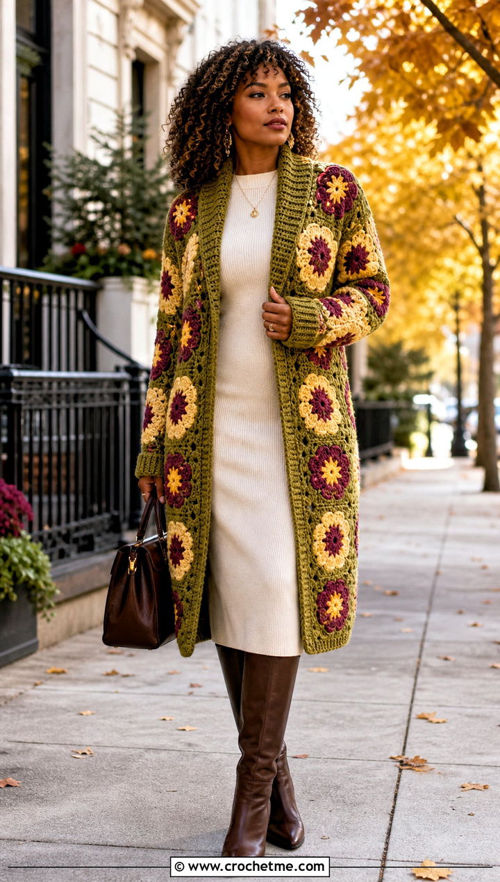 Shawl Collar African Flower Crochet Cardigan With Knit Dress - 30 african flower crochet cardigan outfit ideas
