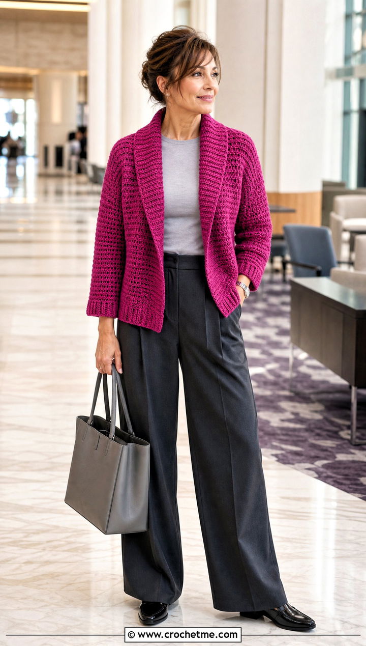 Shawl Collar Alpine Stitch Crochet Cardigan With Pleated Pants - 25 Alpine Stitch Crochet Cardigan outfit ideas