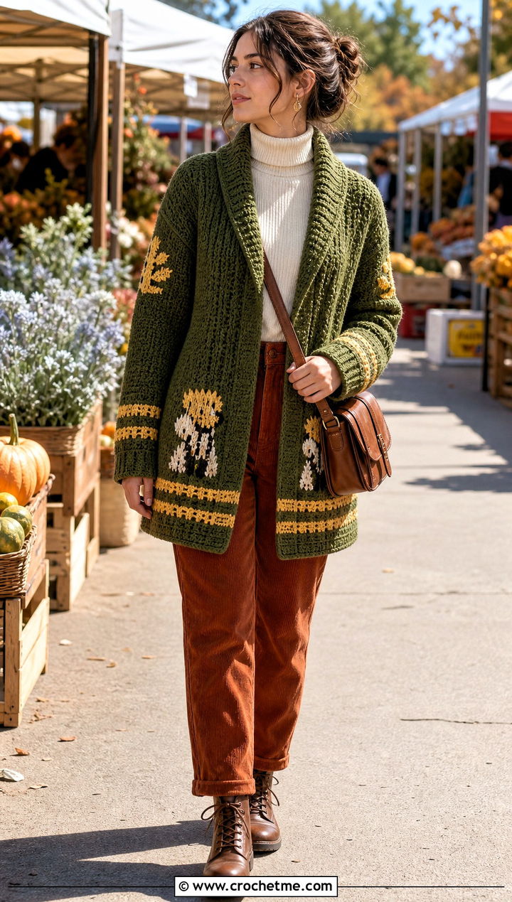 Shawl Collar Anime Crochet Cardigan With Corduroy Pants - 30 anime crochet cardigan outfit ideas