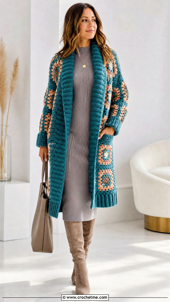 Shawl Collar Big Granny Square Cardigan With Knit Dress - 35 Big Granny Square Cardigan outfit ideas