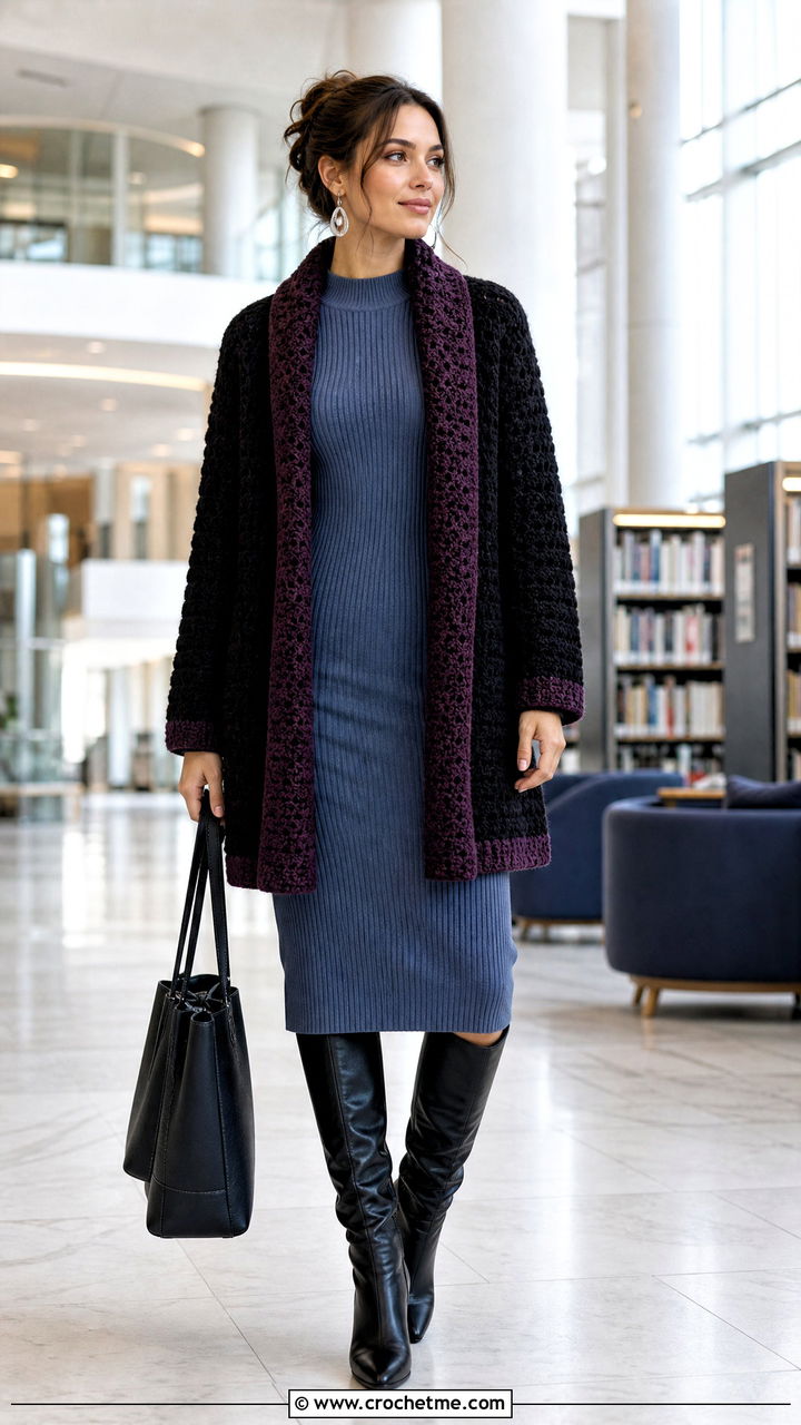 Shawl Collar Black Crochet Cardigan With Knit Dress - 35 black crochet cardigan outfit ideas