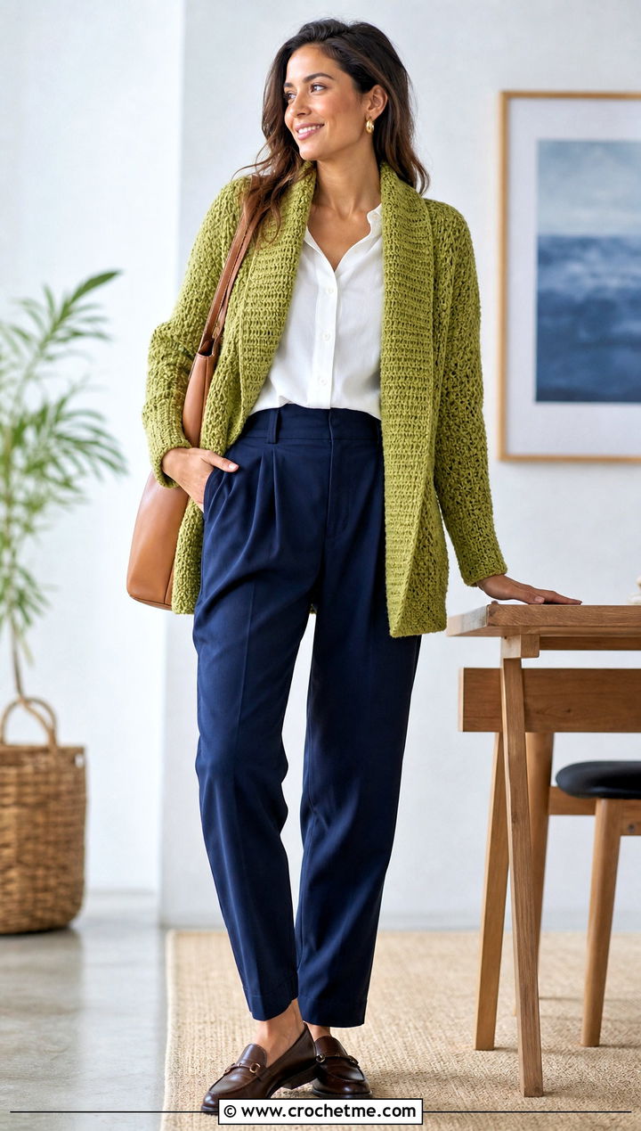Shawl Collar Blanket Crochet Cardigan With Pleated Trousers - 25 blanket crochet cardigan outfit ideas