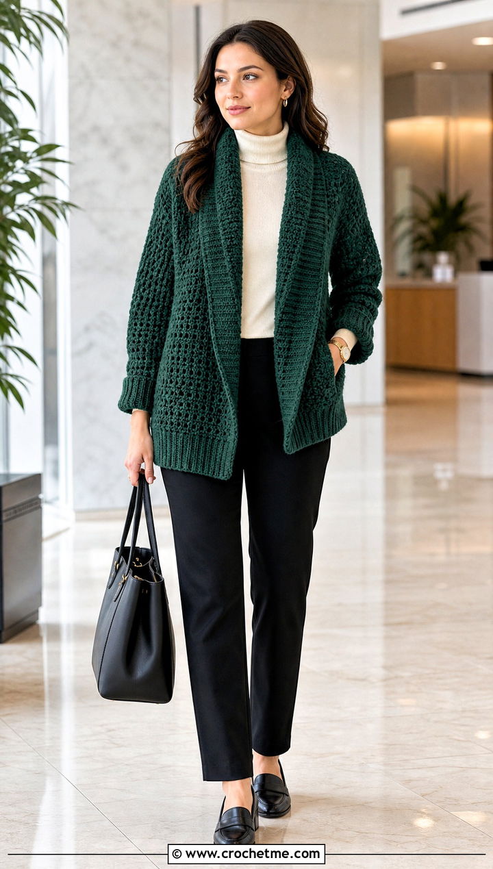 Shawl Collar Blanket Sweater With Ponte Pants - 30 crochet blanket sweater outfit ideas