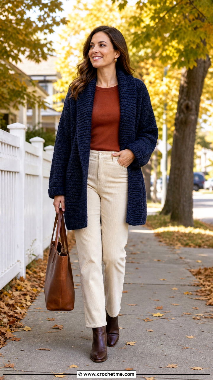 Shawl Collar Blue Crochet Cardigan With Corduroy Pants - 35 blue crochet cardigan outfit ideas