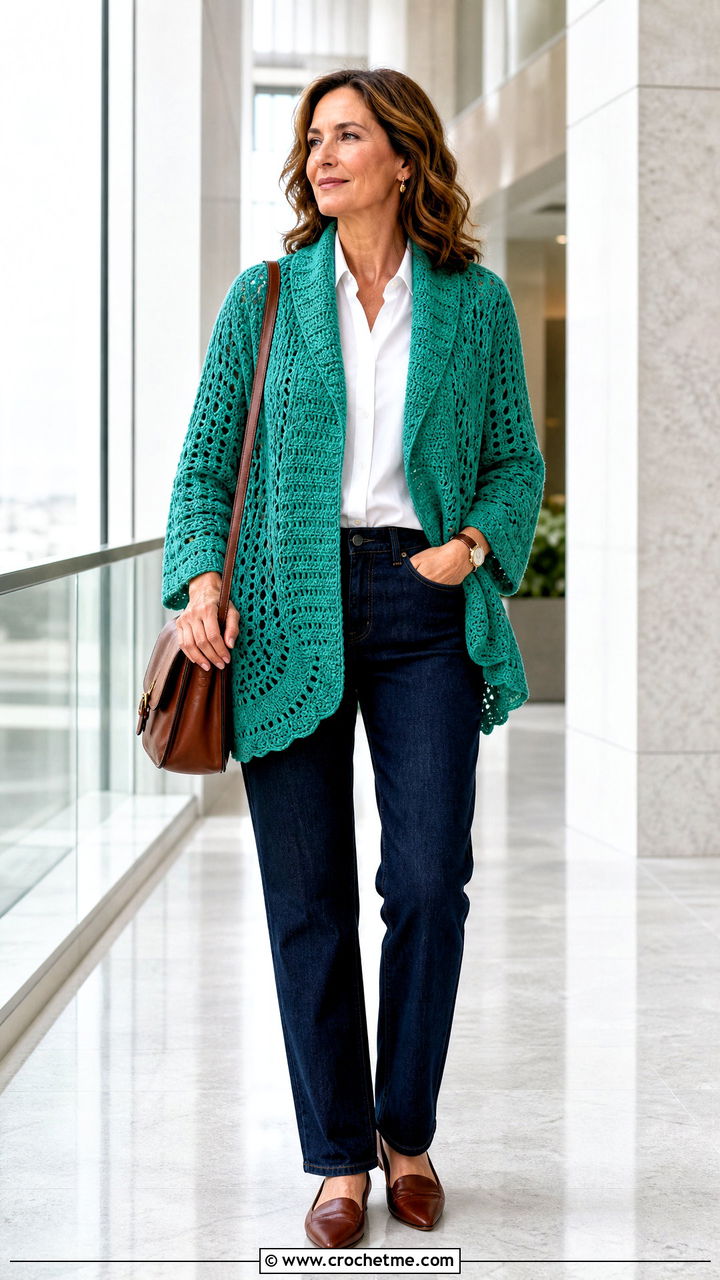 Shawl Collar Boho Crochet Cardigan With White Shirt - 35 Boho Crochet Cardigan outfit ideas