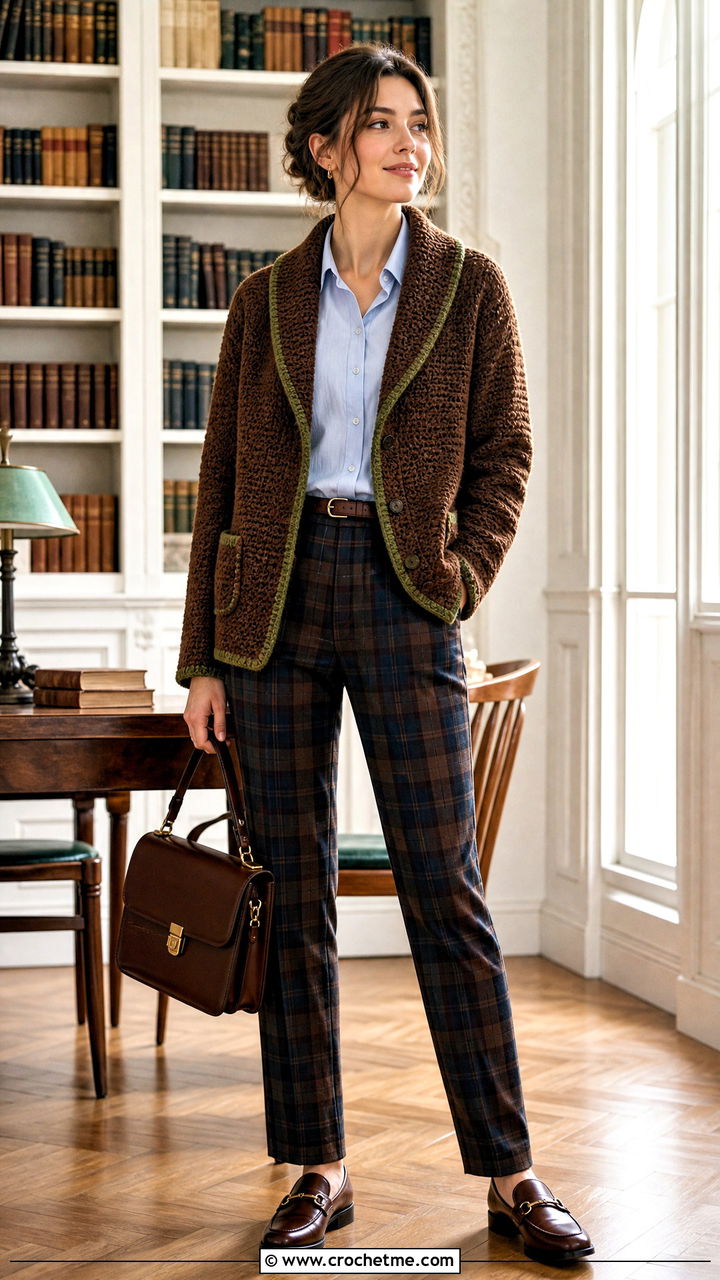 Shawl Collar Brown Crochet Cardigan With Plaid Pants - 35 Brown Crochet Cardigan outfit ideas