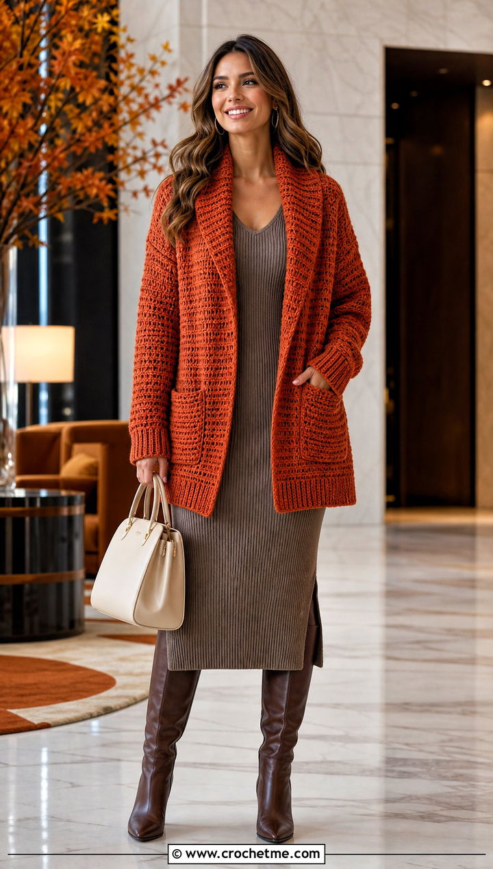 Shawl Collar Campfire Cardigan With Knit Dress - 30 crochet campfire cardigan outfit ideas