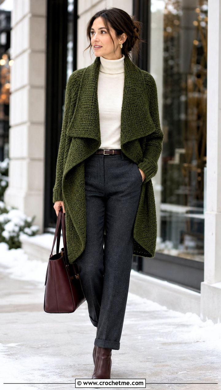 Shawl Collar Cascade Crochet Drape Cardigan With Wool Trousers - 15 Crochet Drape Cardigan outfit ideas