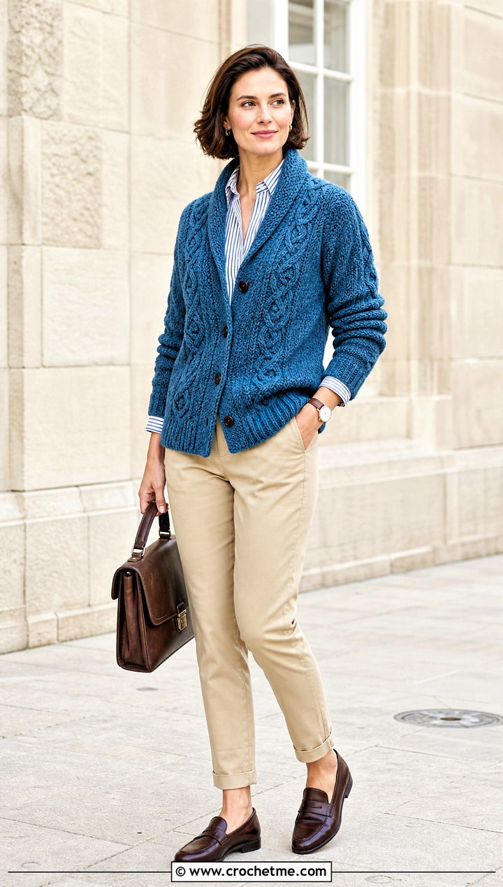 Shawl Collar Celtic Cable Cardigan With Chinos - 25 Crochet Cable Cardigan outfit ideas
