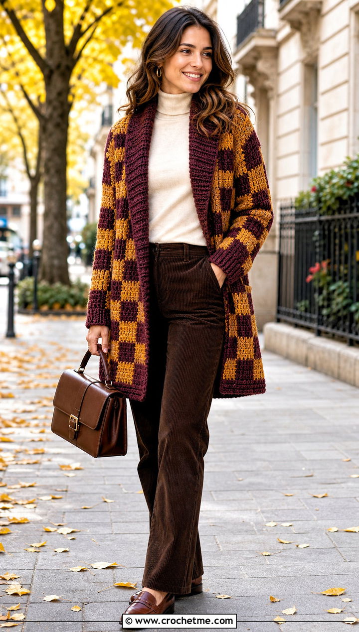 Shawl Collar Checkered Crochet Cardigan With Corduroy Pants - 25 Checkered Crochet Cardigan outfit ideas