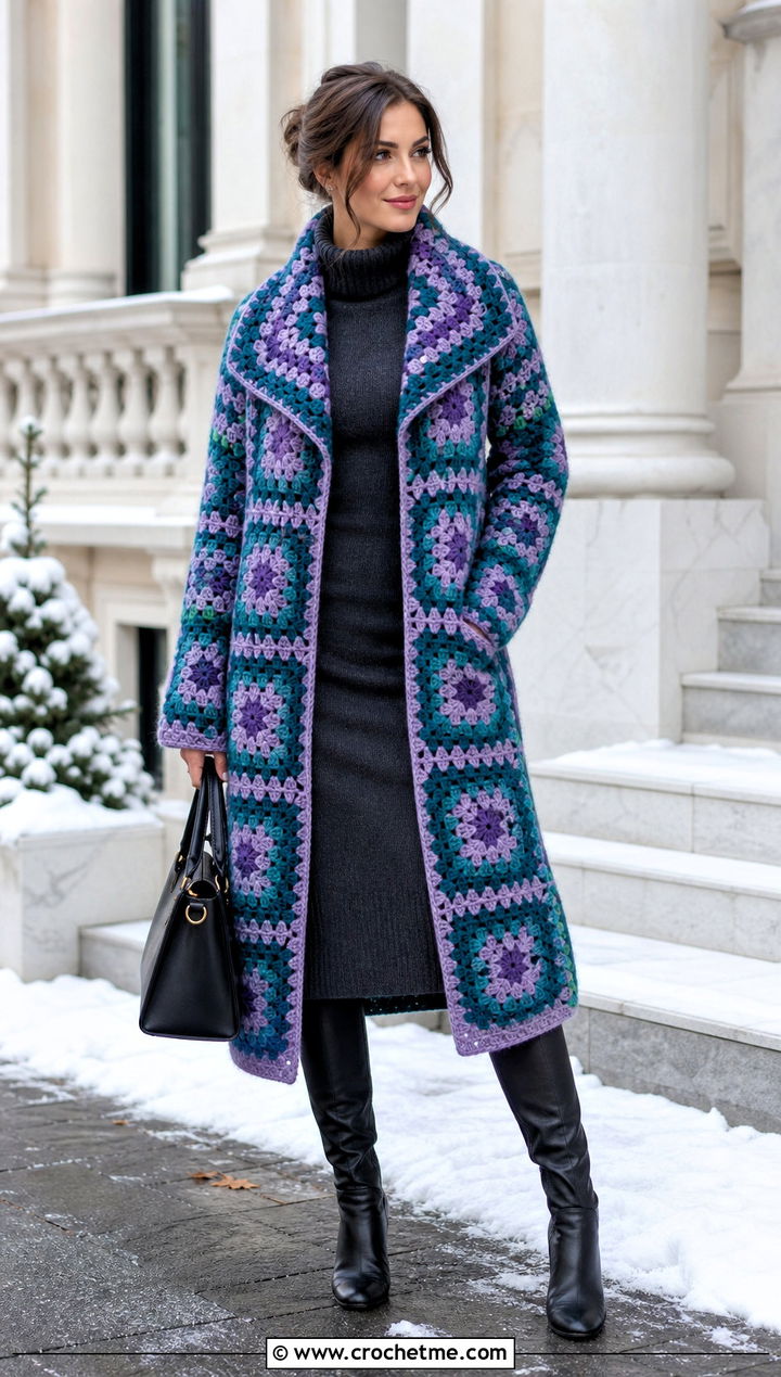 Shawl Collar Checkered Granny Square Cardigan With Knit Dress - 25 checkered granny square cardigan outfit ideas