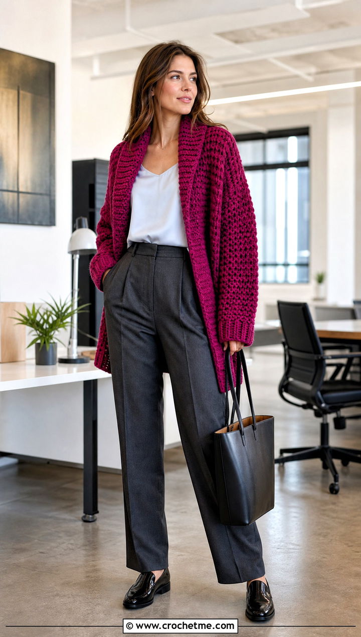 Shawl Collar Chunky Crochet Cardigan With Pleated Trousers - 15 Chunky Yarn Crochet Cardigan outfit ideas