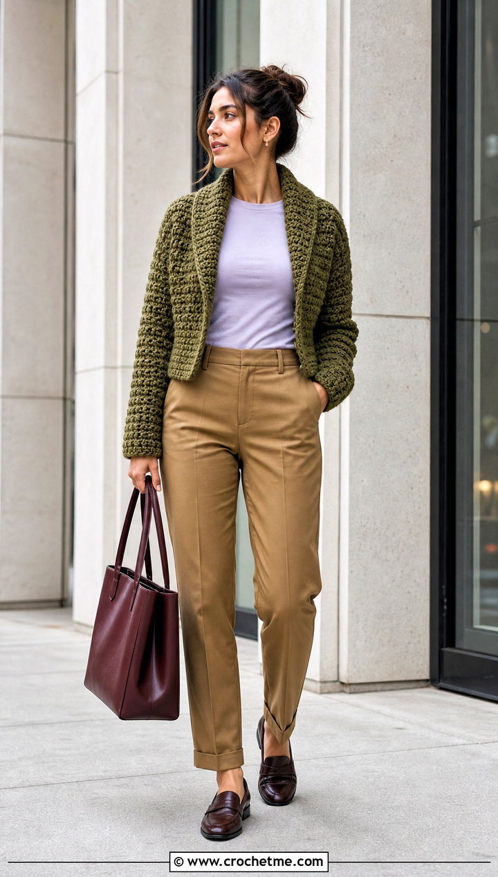 Shawl Collar Chunky Crochet Crop Cardigan With Chinos - 25 Chunky Crochet Crop Cardigan outfit ideas