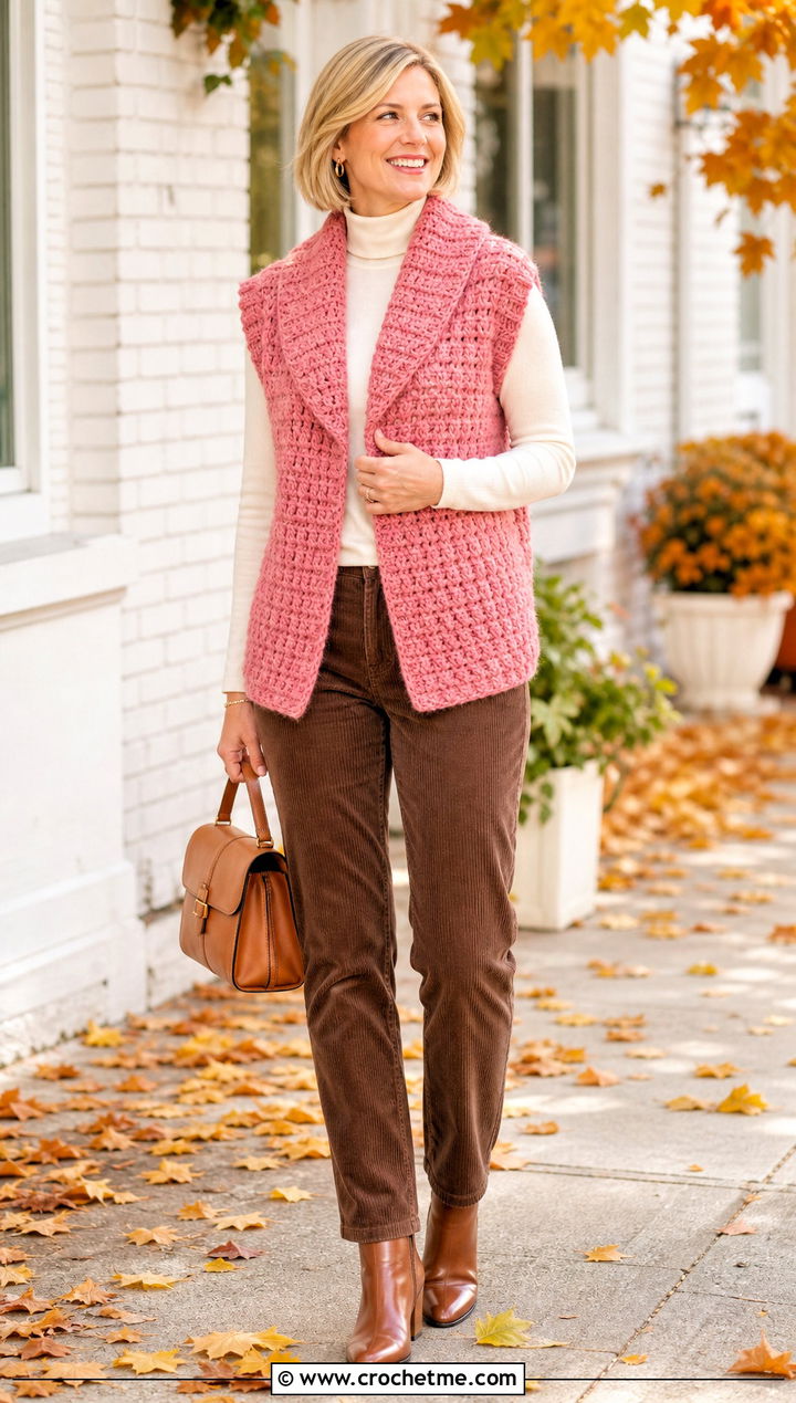 Shawl Collar Chunky Crochet Vest With Corduroy Pants - 30 crochet chunky vest outfit ideas