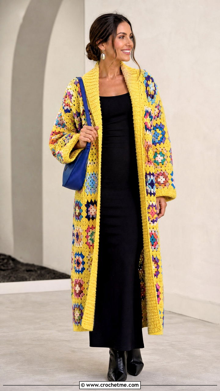 Shawl Collar Chunky Granny Square Cardigan With Black Maxi Dress - 35 Chunky Granny Square Cardigan outfit ideas