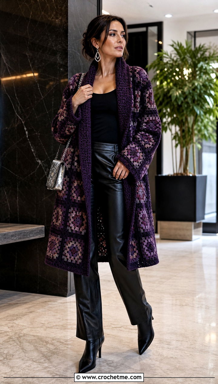 Shawl Collar Continuous Granny Square Cardigan With Leather Pants - 25 continuous granny square cardigan outfit ideas