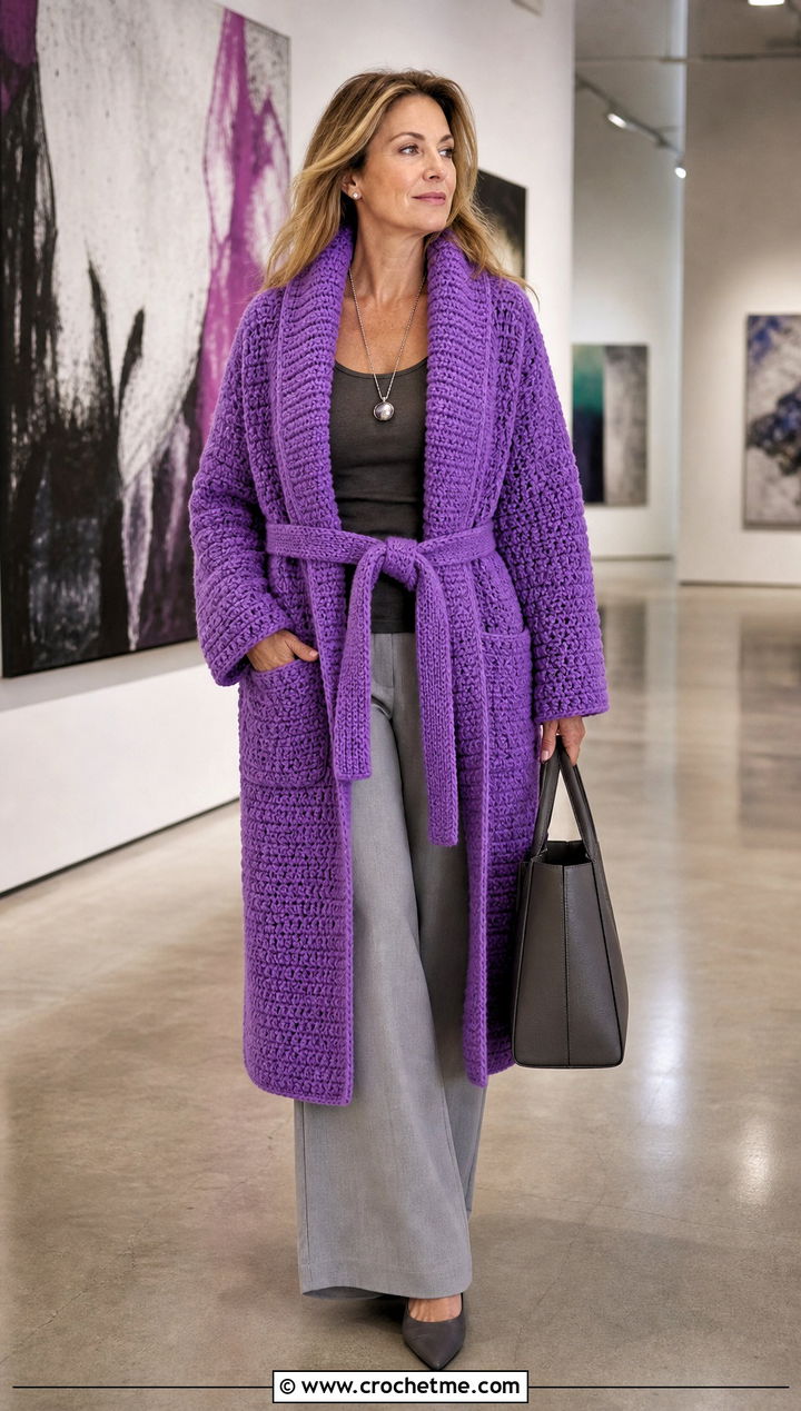 Shawl Collar Crochet Bathrobe With Wide Leg Pants - 30 crochet bathrobe outfit ideas