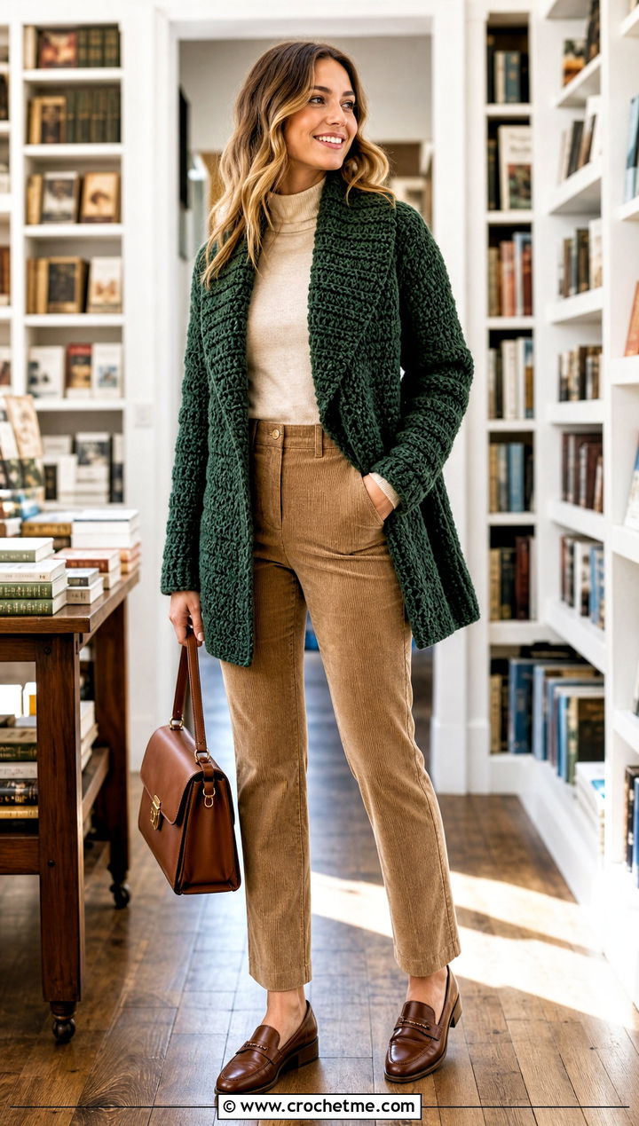 Shawl Collar Crochet Blanket Jacket With Corduroy Pants - 25 crochet blanket jacket outfit ideas