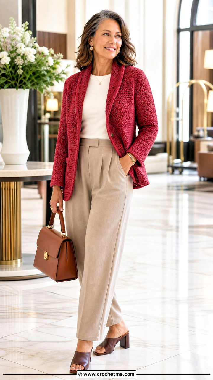 Shawl Collar Crochet Blazer With Pleated Pants - 35 crochet blazer outfit ideas