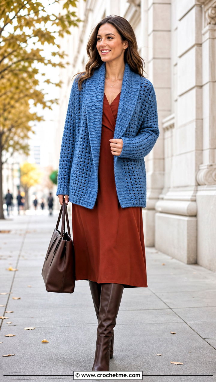 Shawl Collar Crochet Boyfriend Sweater Over A Midi Dress - 30 crochet boyfriend sweater outfit ideas