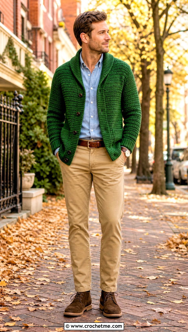 Shawl Collar Crochet Cardigan With Chinos - 35 mens crochet cardigan outfit ideas