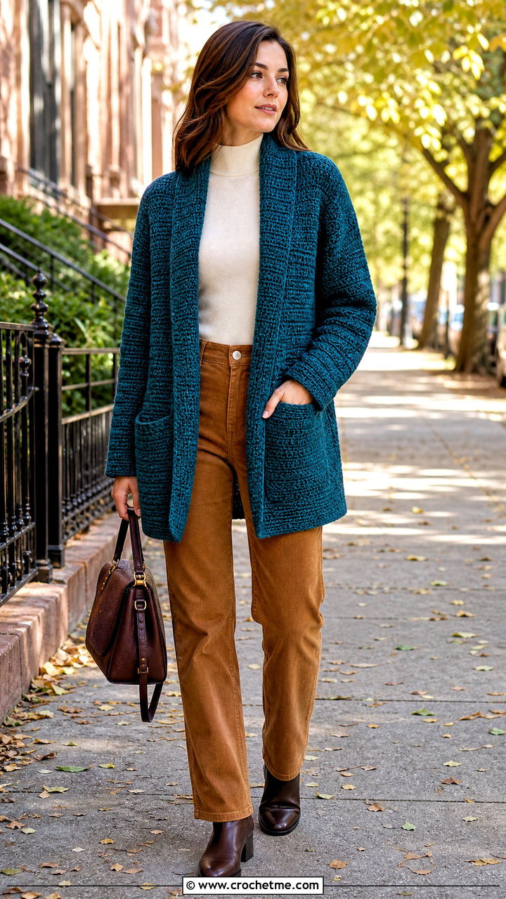 Shawl Collar Crochet Cardigan With Corduroy Pants - 35 easy crochet cardigan outfit ideas