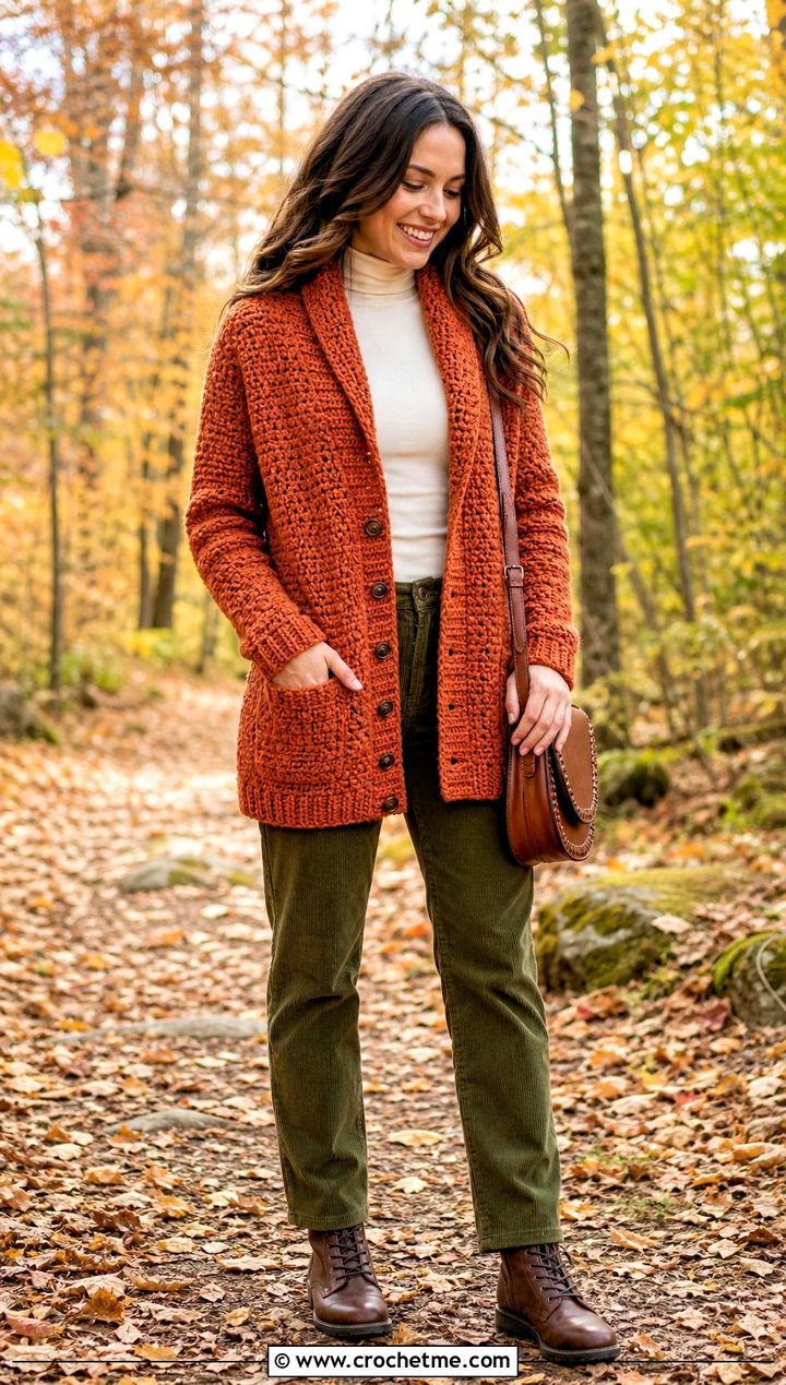 Shawl Collar Crochet Cardigan With Corduroy Pants - 25 Autumn Crochet Cardigan outfit ideas