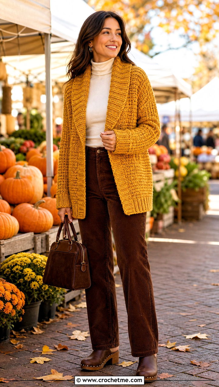 Shawl Collar Crochet Cardigan With Corduroy Pants - 20 bohemian crochet cardigan outfit ideas