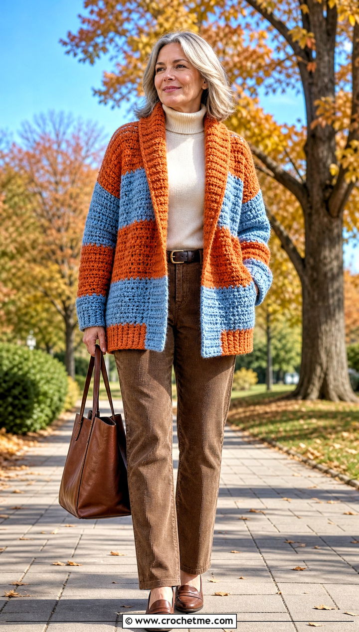 Shawl Collar Crochet Cardigan With Corduroy Pants - 30 two color crochet cardigan outfit ideas