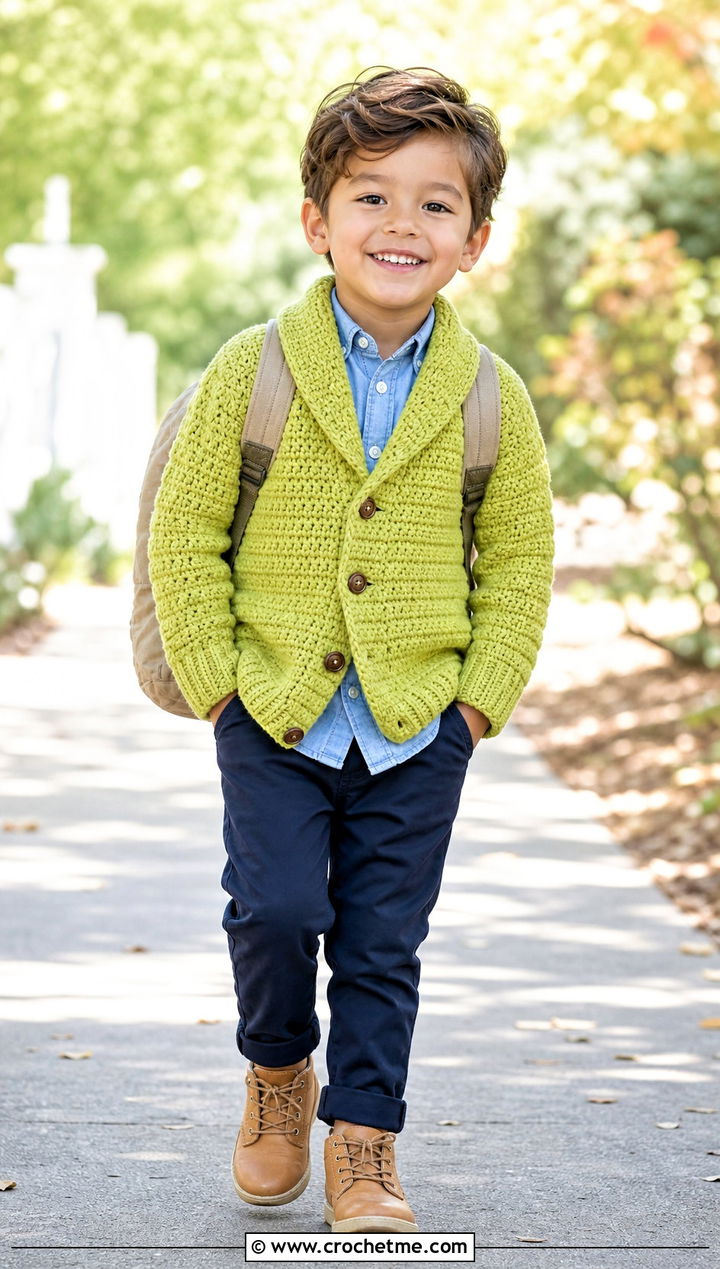Shawl Collar Crochet Cardigan With Denim Shirt - 25 Childs Crochet Cardigan outfit ideas