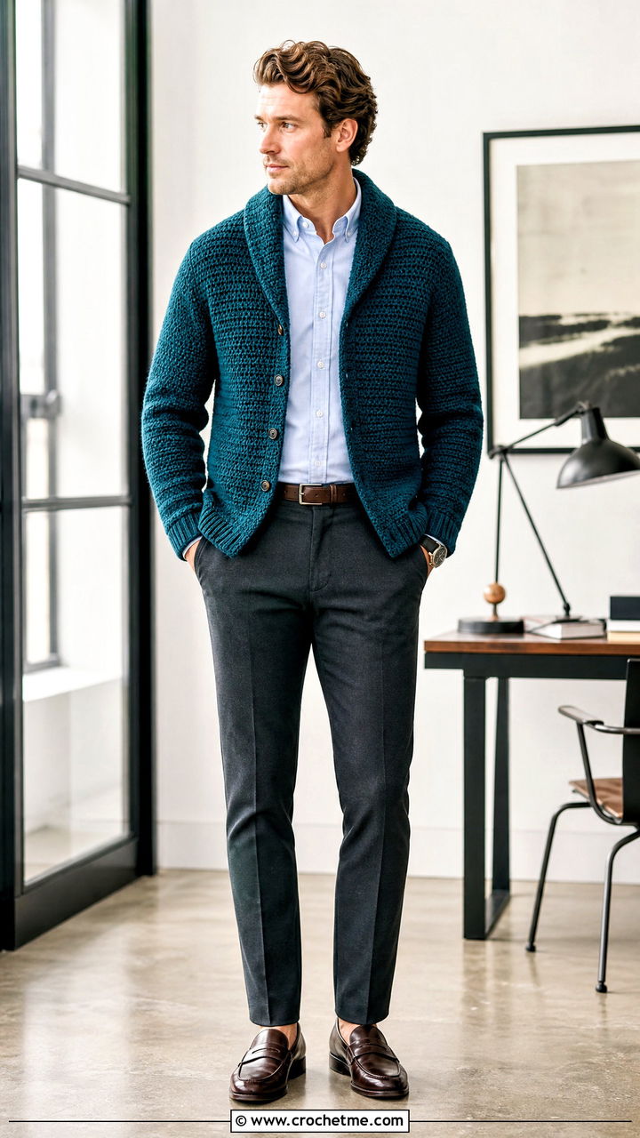 Shawl Collar Crochet Cardigan With Dress Shirt - 35 crochet cardigan men outfit ideas