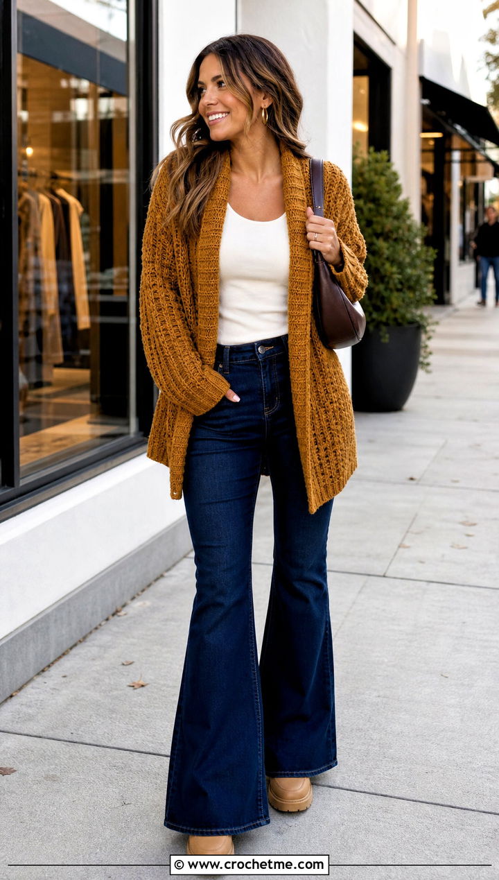 Shawl Collar Crochet Cardigan With Flared Jeans - 35 fall crochet cardigan outfit ideas