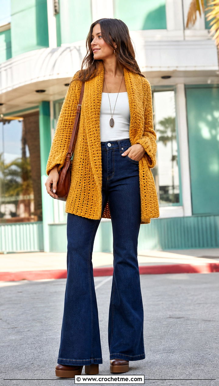 Shawl Collar Crochet Cardigan With Flared Jeans - 25 Bulky Crochet Cardigan outfit ideas