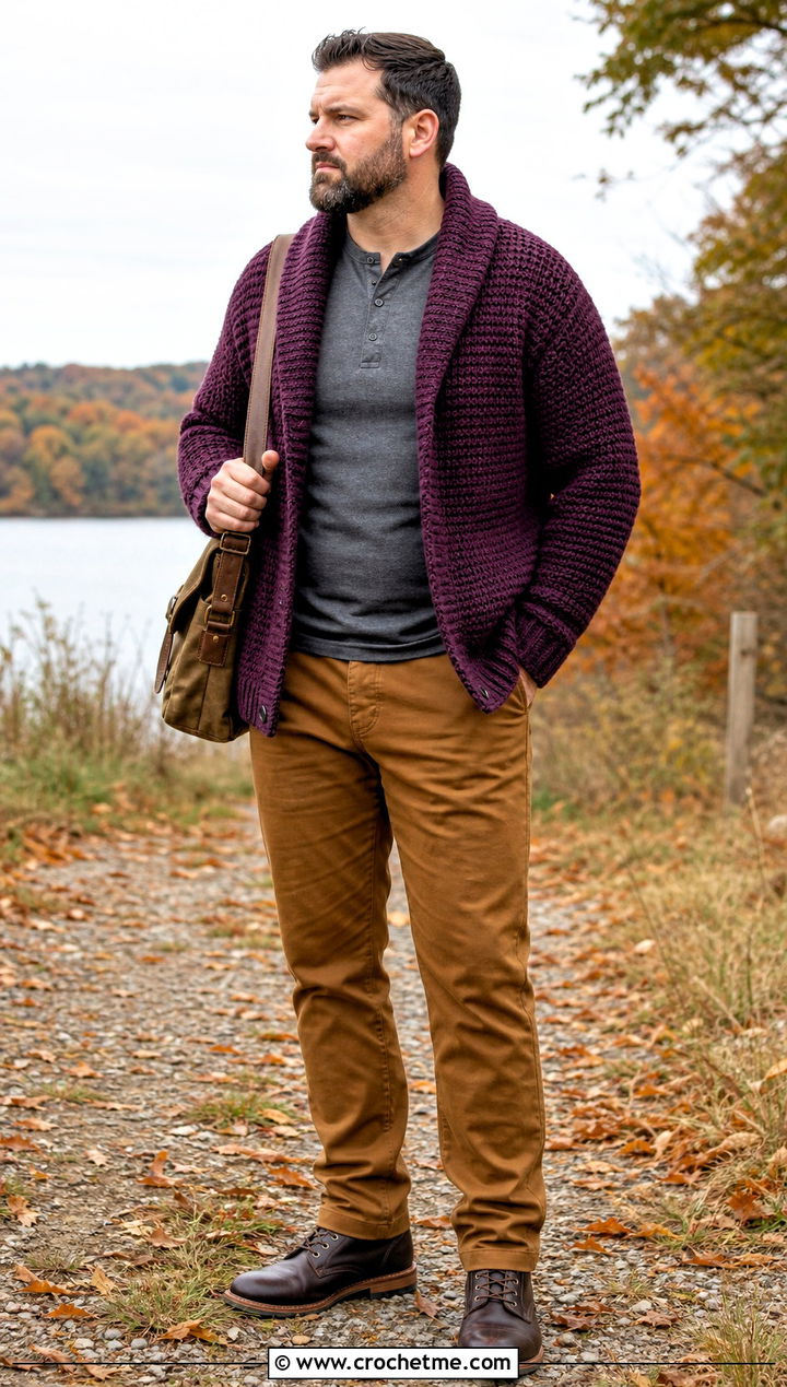 Shawl Collar Crochet Cardigan With Henley Shirt - 35 crochet man sweaters outfit ideas