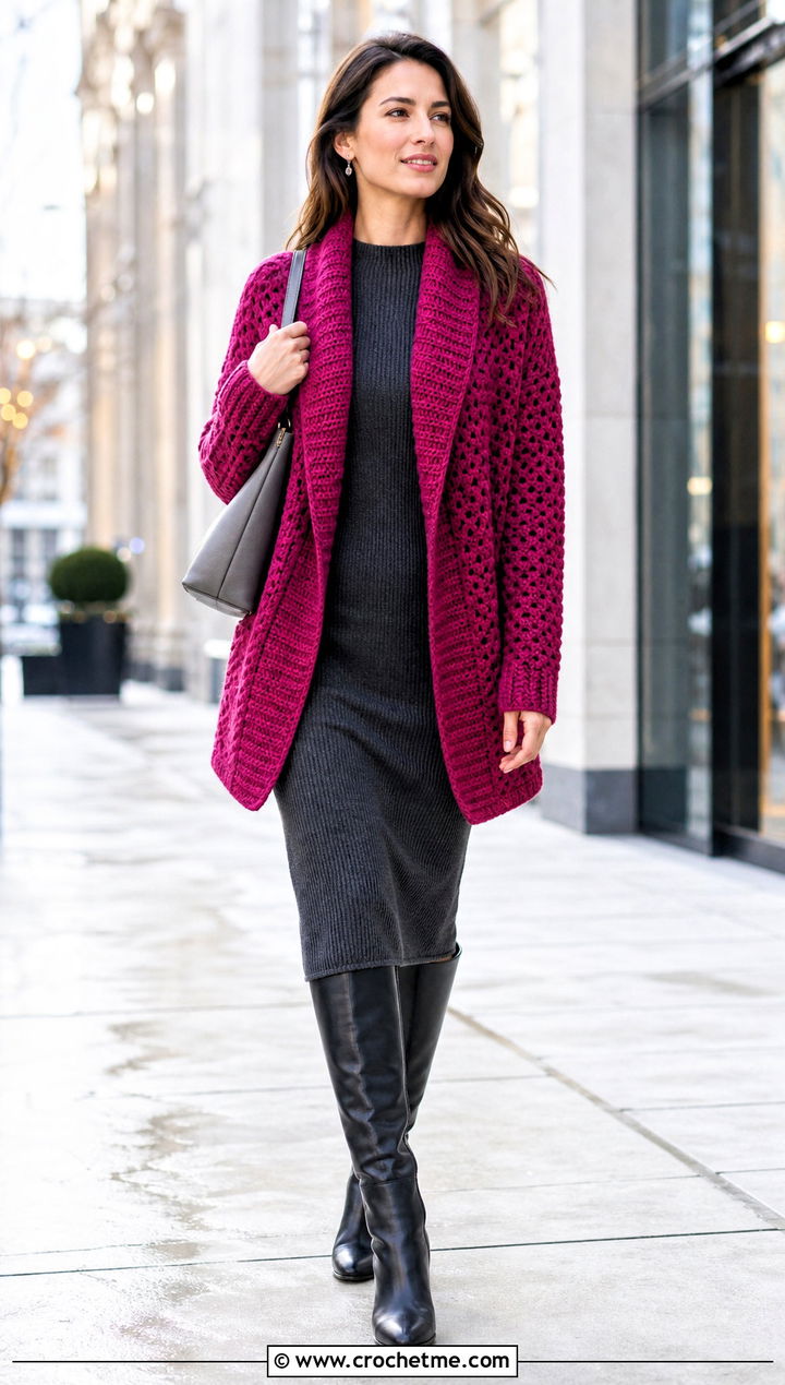 Shawl Collar Crochet Cardigan With Knit Dress - 25 basic crochet cardigan outfit ideas