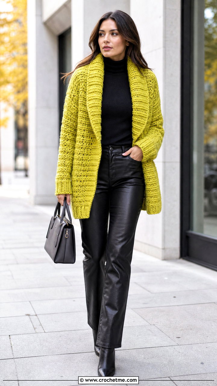 Shawl Collar Crochet Cardigan With Leather Pants - 35 crochet cardigans for women outfit ideas