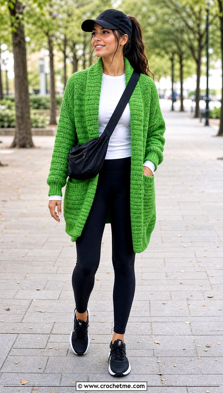 Shawl Collar Crochet Cardigan With Leggings - 15 colorful crocheted cardigan on hook outfit ideas