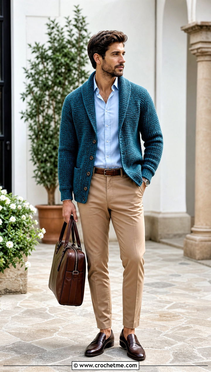Shawl Collar Crochet Cardigan With Oxford Shirt and Chinos - 20 men's crochet cardigan outfit ideas
