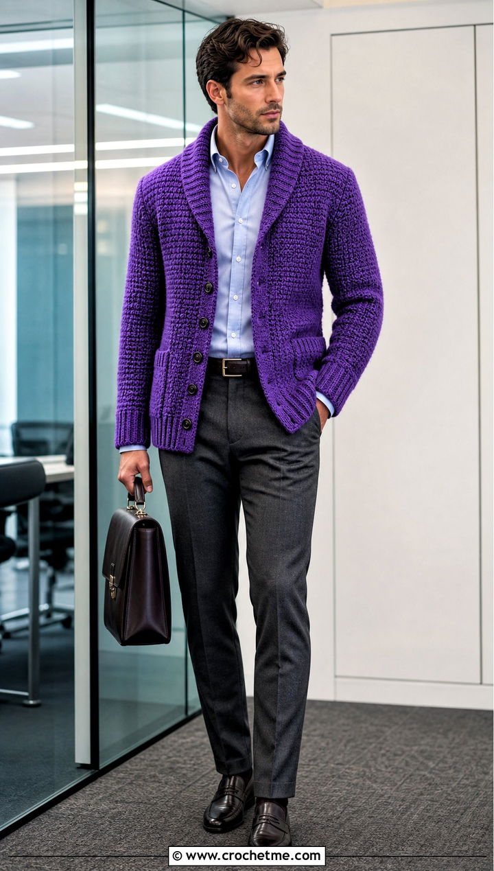 Shawl Collar Crochet Cardigan With Oxford Shirt - 30 crochet man cardigan outfit ideas