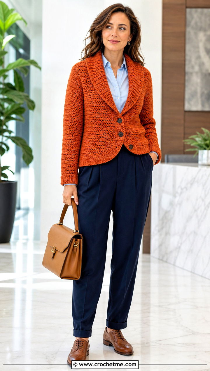 Shawl Collar Crochet Cardigan With Pleated Trousers - 30 loose crochet cardigan outfit ideas
