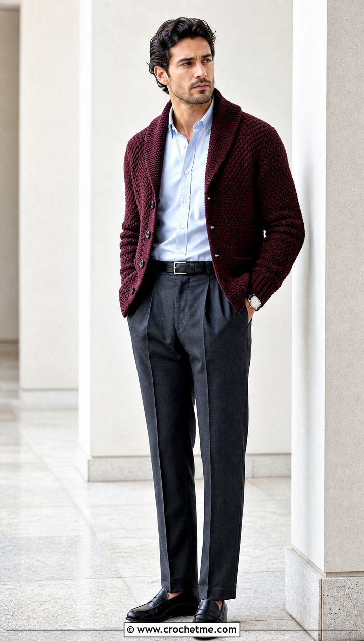 Shawl Collar Crochet Cardigan With Pleated Trousers - 30 mens crochet cardigan sweater outfit ideas