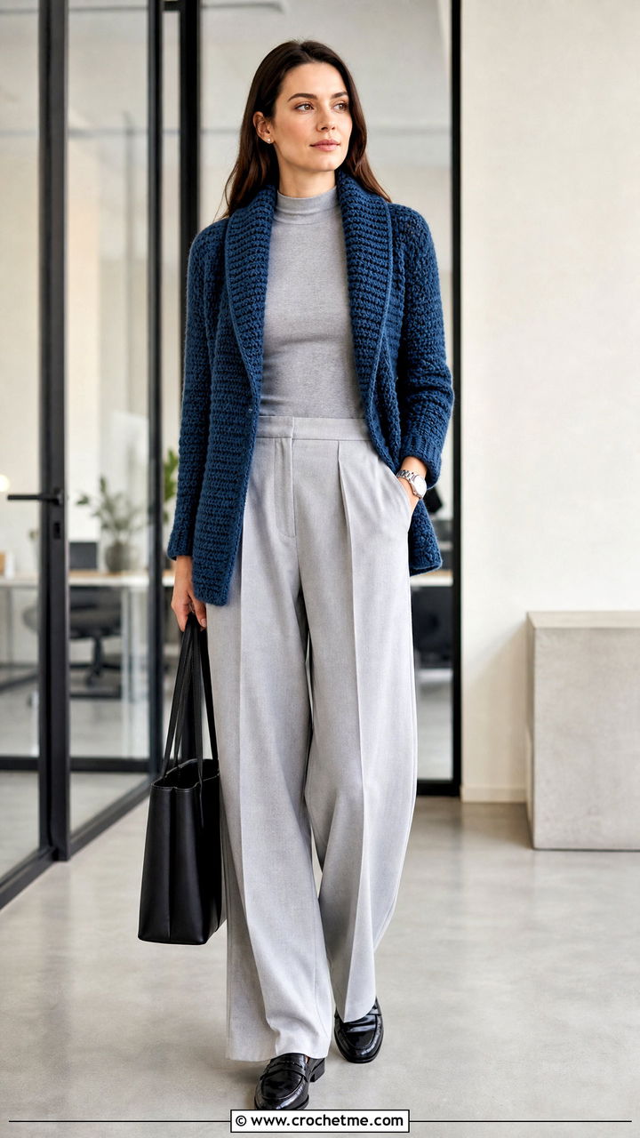 Shawl Collar Crochet Cardigan With Pleated Trousers - 35 beginner crochet cardigan outfit ideas