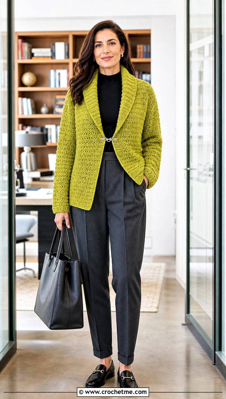 Shawl Collar Crochet Cardigan With Pleated Trousers - 25 witchy crochet cardigan outfit ideas
