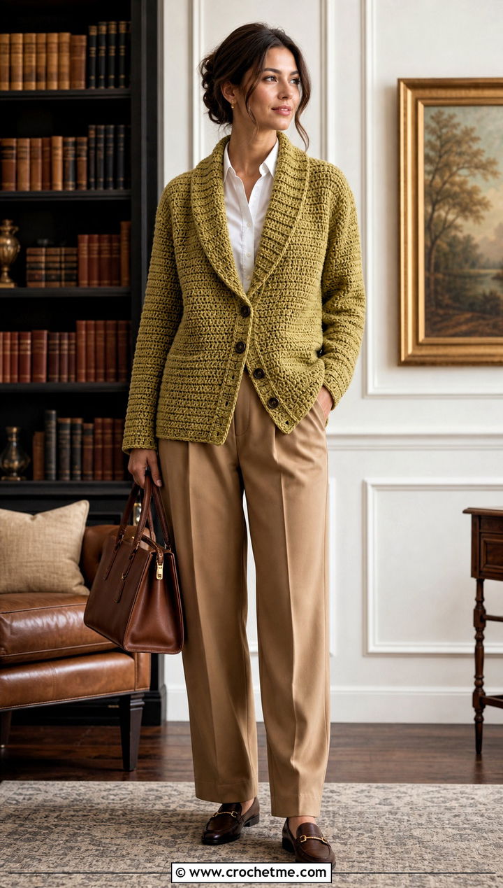 Shawl Collar Crochet Cardigan With Pleated Trousers - 30 3 weight yarn crochet cardigan outfit ideas