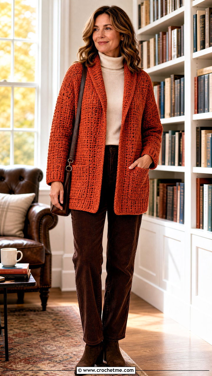 Shawl Collar Crochet Cardigan With Pockets And Corduroy Pants - 35 crochet cardigan with pockets outfit ideas