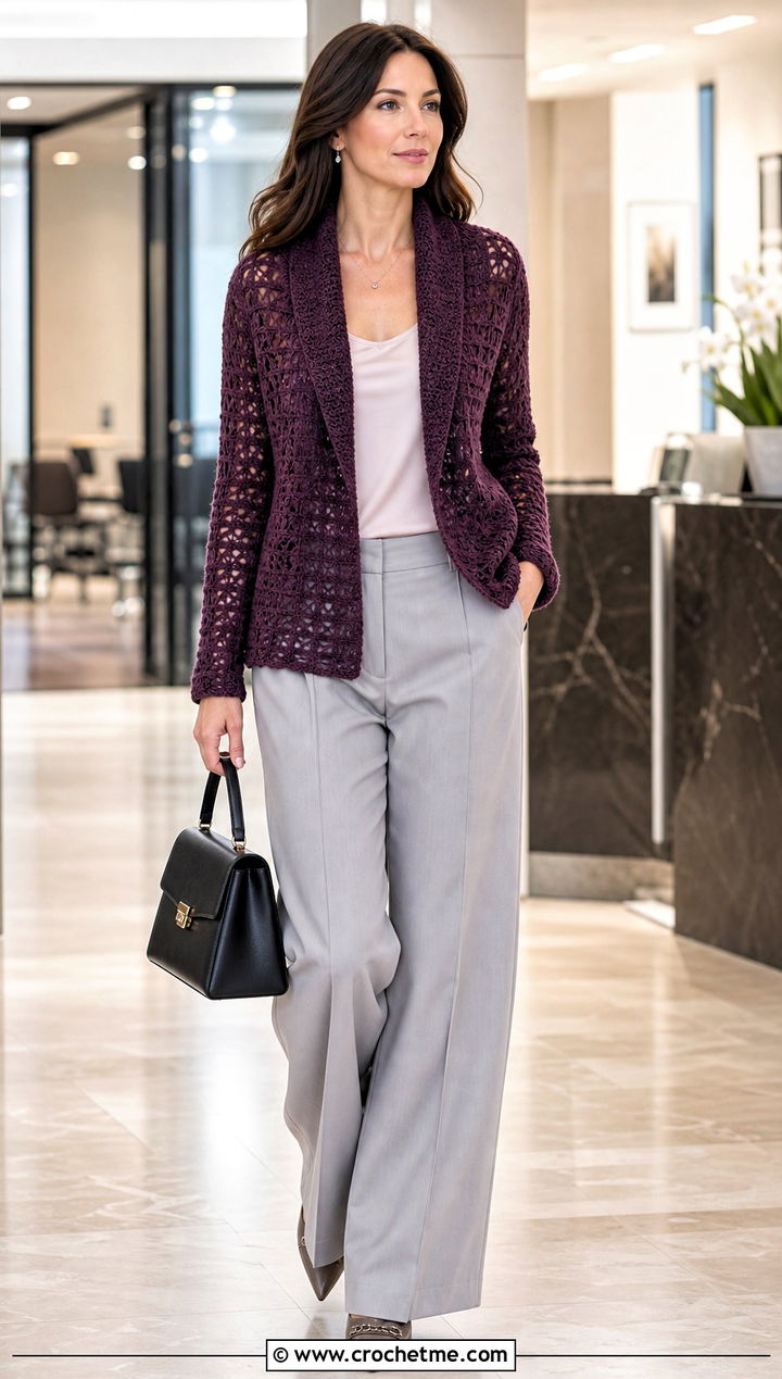 Shawl Collar Crochet Cardigan With Tailored Suit - 30 Crochet Lightweight Cardigan outfit ideas