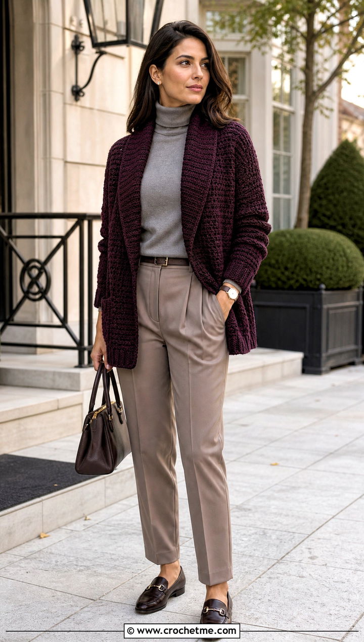 Shawl Collar Crochet Cardigan With Tailored Trousers - 15 Crochet Cardigan Fall Fashion and outfit ideas
