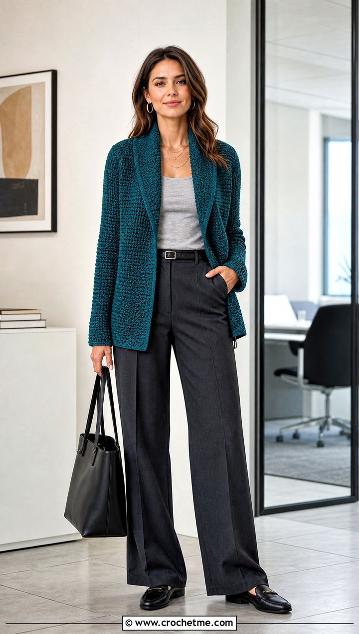 Shawl Collar Crochet Cardigan With Tailored Trousers - 15 Crochet Cardigan With Collar outfit ideas