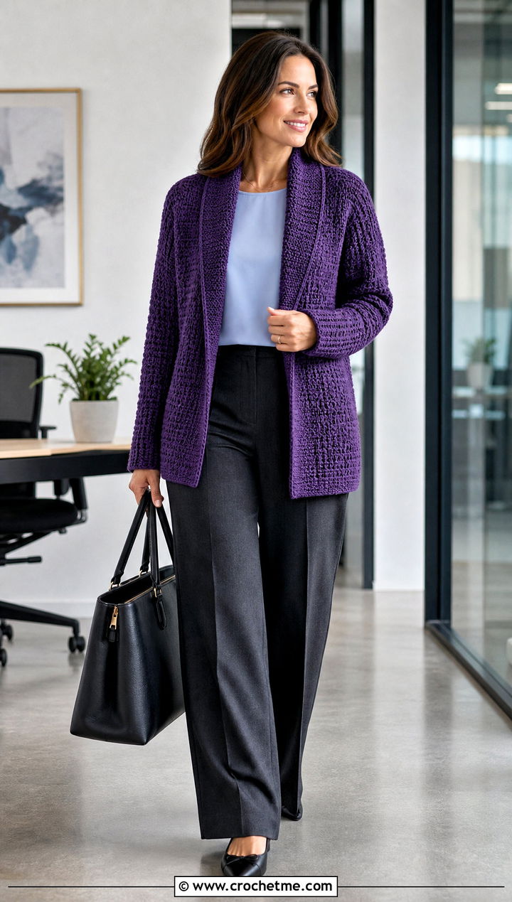 Shawl Collar Crochet Cardigan With Tailored Trousers - 30 crochet women's cardigan outfit ideas