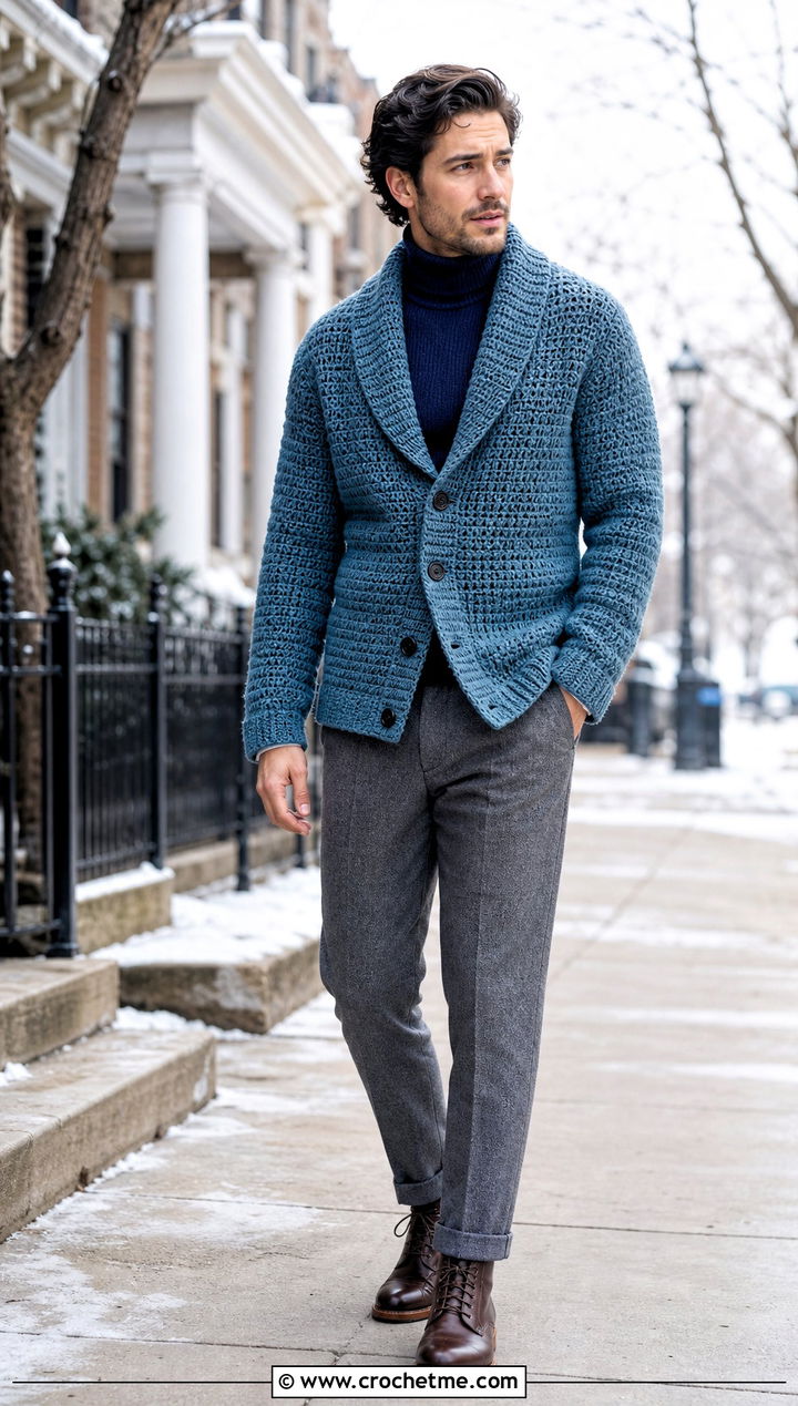 Shawl Collar Crochet Cardigan With Turtleneck - 25 Crochet Men Clothing and outfit ideas